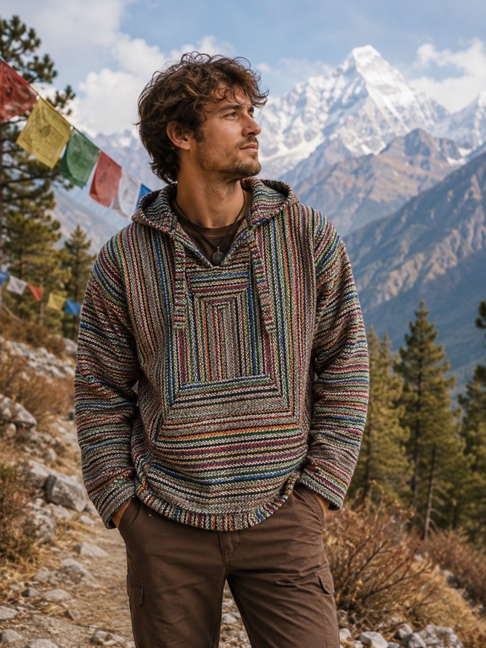 Gypsy Baja Hoodie One Size Multicolor Woven Drug Rug Hippie Boho Nepal Pullover